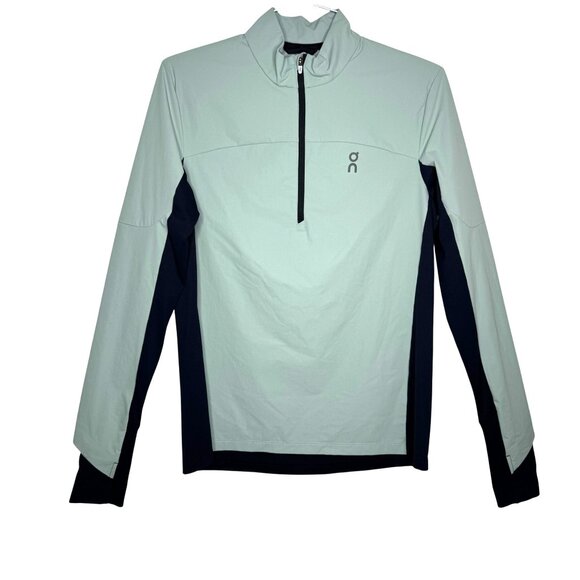 On Sweaters - On Trail Breaker Navy/Mint-Teal Lightweight Water Repellant Running Pullover W S
